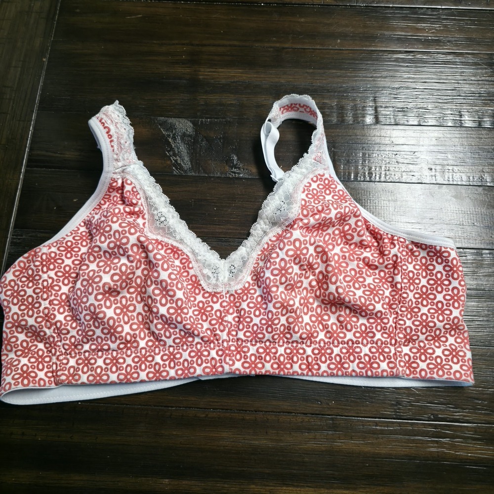 Catherines Cotton Comfort Wireless Bra 46A Womens Coral White Lace Floral